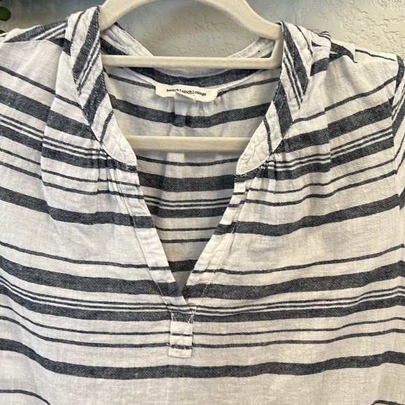 Beachlunchlounge Linen Blend Striped Split Neck Long Sleeve Tunic Top M - Picture 2 of 7